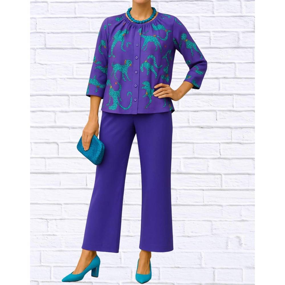 NEW DIVA USA sibella reflection blouse in purple and cheetah print